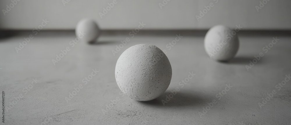 Poster minimalist composition of textured white spheres on a neutral surface in soft focus and diffused lig