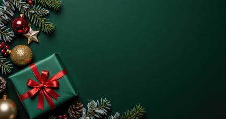 Christmas holiday top down photo featuring large present box red green decorations gold star pine cones mistletoe snow branches isolated green backdrop text area