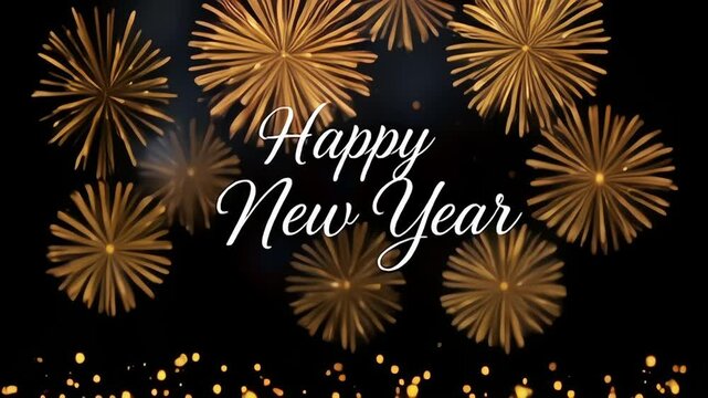 Festive "Happy New Year" text in elegant white script surrounded by bursts of golden fireworks and scattered golden bokeh lights against a dark night sky