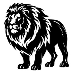 Majestic Lion Silhouette with Intricate Mane and Powerful Stance in Black and White