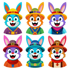 Colorful Cartoon Rabbits Characters Wearing Hats and Clothes