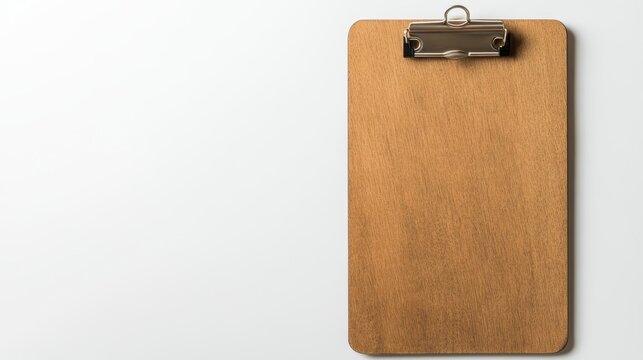 Wooden clipboard with silver clip on white background.