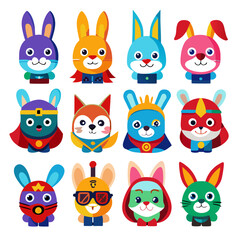 Collection of Cute Colorful Superhero Rabbit and Fox Faces