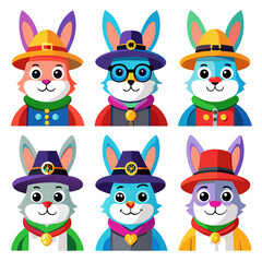 Colorful Rabbit Characters with Hats - Vector Illustration