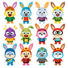 Collection of adorable cartoon bunny characters in costume