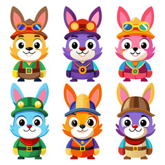 Cartoon Rabbits in Uniform with Hats and Goggles