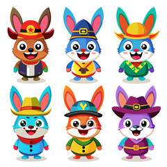 Cute Cartoon Bunnies Collection with Hats and Clothes