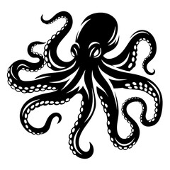 Monochrome illustration of an octopus with curling tentacles on a white background