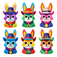 Colorful Cartoon Rabbits with Hats and Jackets Illustration