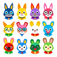 Cartoon Rabbit Faces Collection, Cute Animal Mascot Portraits