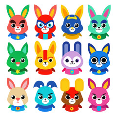 Naklejka premium Colorful Cartoon Superhero Rabbit Character Vector Illustration Set