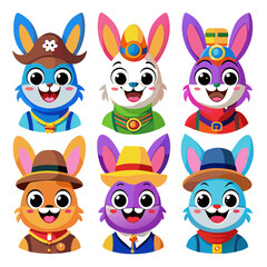 Cartoon Rabbits in Different Professions Isolated on White