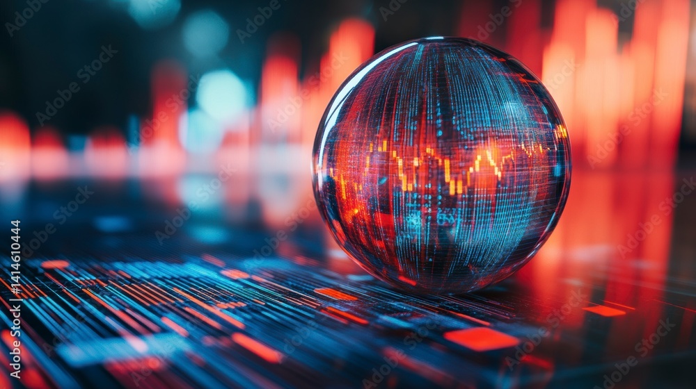 Poster Crystal ball showing global market trends with red and blue data visualization on a digital surface.