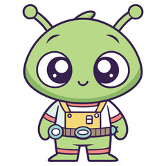 Standing Green Alien Cartoon with Big Eyes, Small Antenna on a Transparent