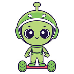 Green Alien Cartoon Character Rides Hoverboard, Transparent Background