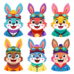 Colorful Rabbit Aviators: Vector Cartoon Character Set