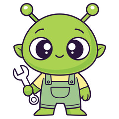 Cartoon Green Alien With Big Eyes, Holding Wrench in Overalls on White Background