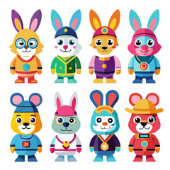 Fototapeta premium Colorful cartoon animal characters, rabbits and mice in costumes