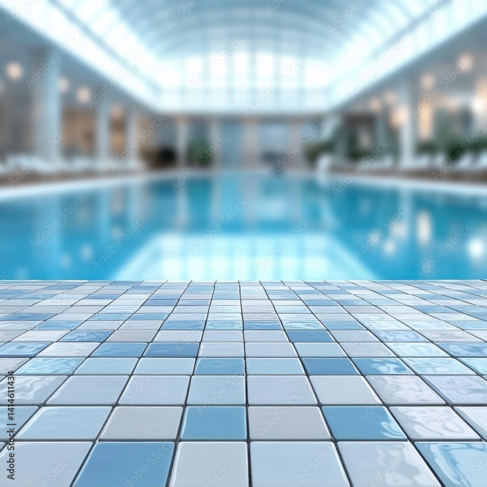 Poster serene indoor swimming pool with blue tile foreground creating a tranquil and inviting atmosphere pe