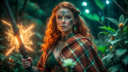 Highland Warrior Woman with Glowing Tartan Cloak | Scottish Fantasy Art  