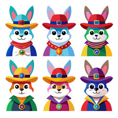 Cartoon Bunny Pilgrims with Hats and Emblems Illustration