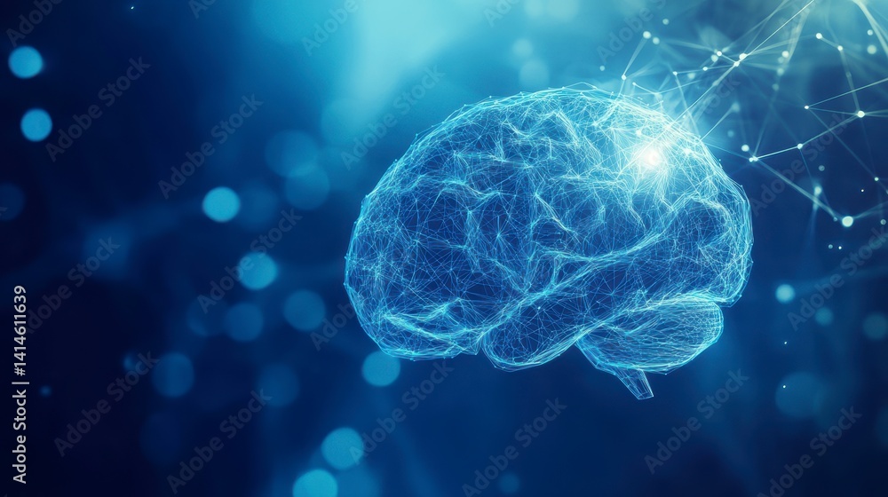 Poster abstract glowing human brain with neural network connections.