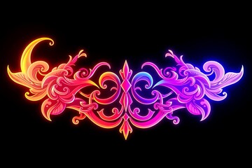 Colorful Neon Ornamental Design with Floral Swirls and Flourishes on Black Background