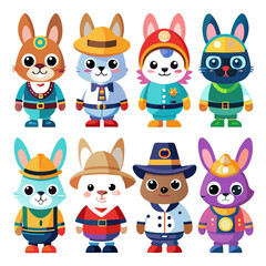 Cartoon Rabbits in Costumes Collection, Vector Illustration