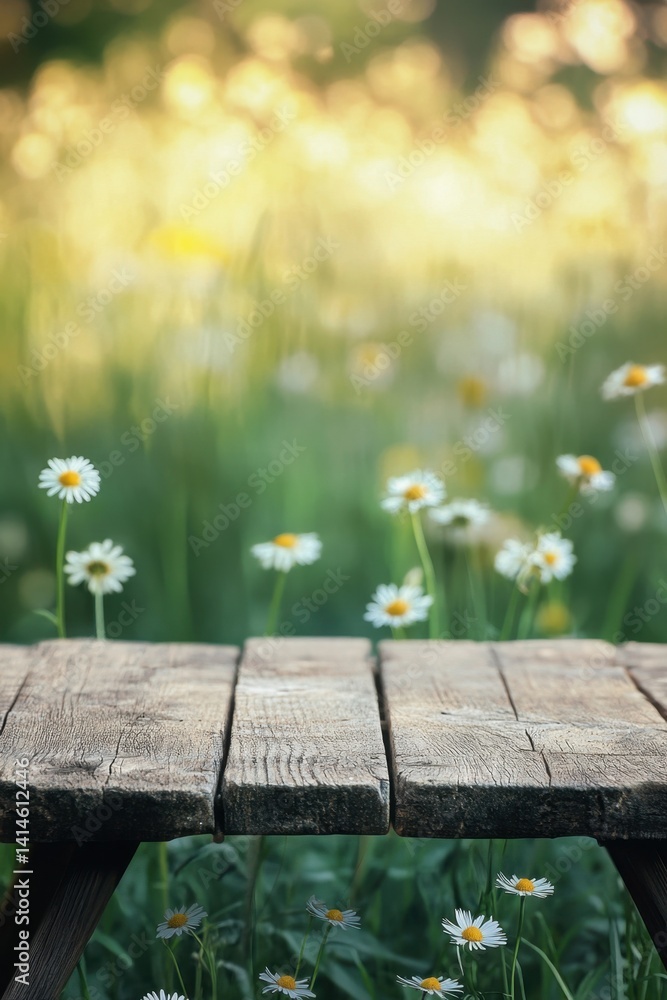 Poster rustic wooden tabletop displaying daisies in a sunny field with bokeh effects and warm summer light