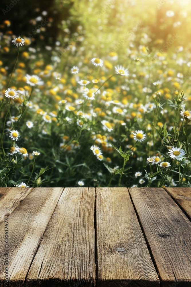 Poster serene daisy meadow backdrop with rustic wooden table for product display and nature inspired design