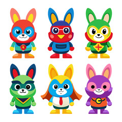 Cute Superhero Rabbit Cartoon Character Set Illustration Design