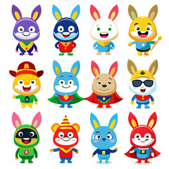 Fototapeta premium Cartoon rabbits in superhero costumes, vector illustration style