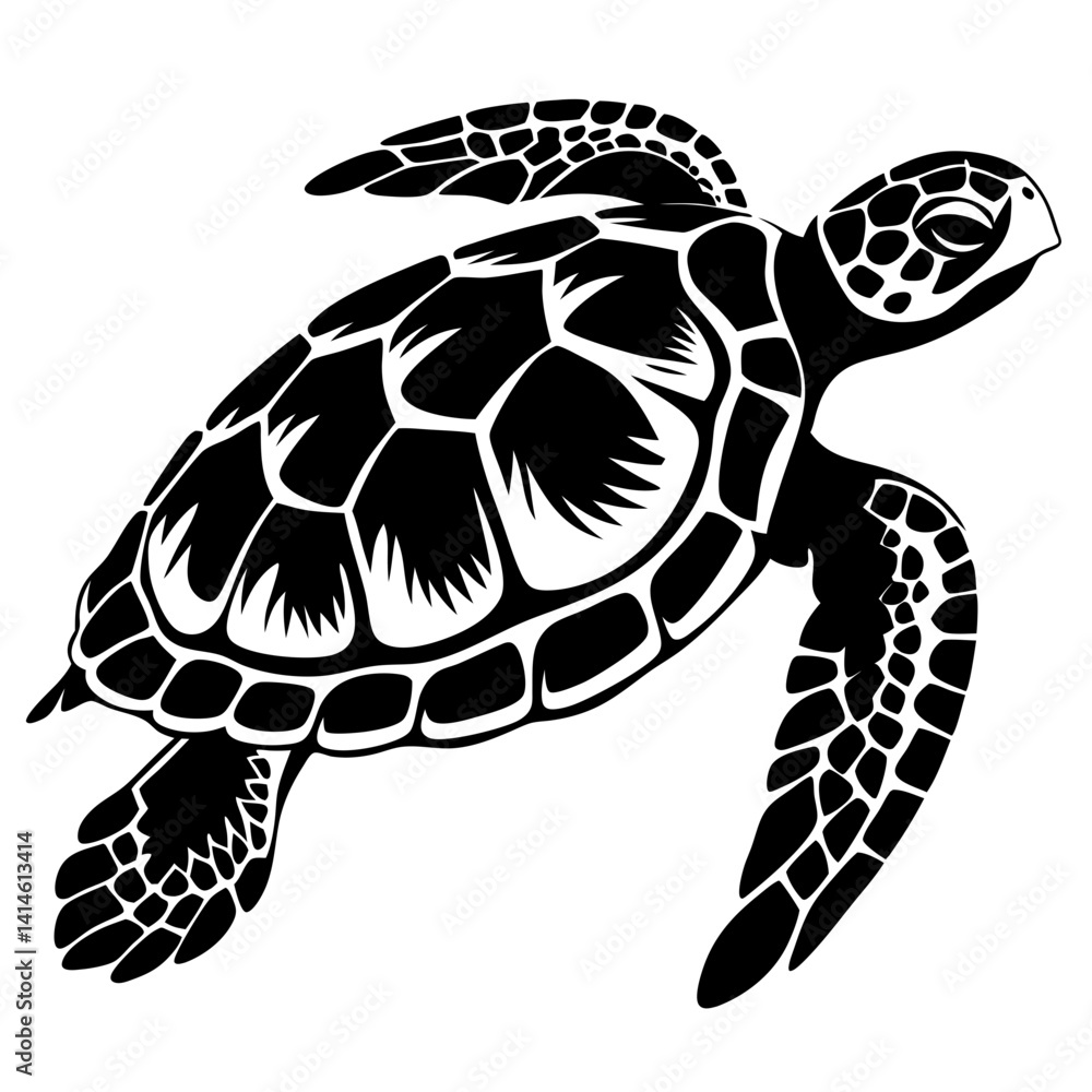 Poster black and white sea turtle illustration with intricate shell pattern