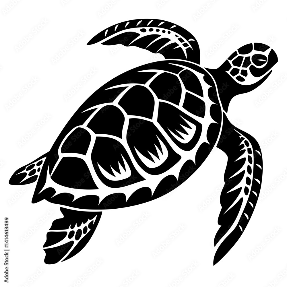 Poster stylized black and white sea turtle illustration with intricate shell patterns