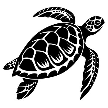 Stylized black and white sea turtle illustration with intricate shell patterns