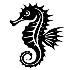 Stylized Black Seahorse Illustration with Intricate Details on a White Background