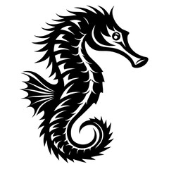Stylized black and white seahorse with intricate detailing of the body features