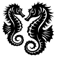 Two elegant seahorses facing each other in a stylized black design
