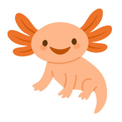 Adorable peach-colored axolotl smiling happily, cute aquatic exotic pet flat cartoon vector illustration.