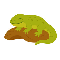 Adorable green gecko peacefully resting on a brown rock, colorful flat cartoon vector illustration.
