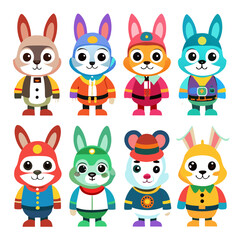 Naklejka premium Cute Cartoon Animal Character Set in Colorful Costumes