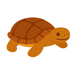 Adorable brown turtle with a patterned shell walking forward, colorful flat cartoon vector illustration.