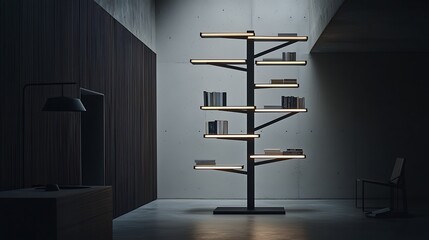 Modern, minimalist shelving unit with  illuminated branches.  A stylish, tree-like bookcase, perfect for showcasing books and other decorative items. 