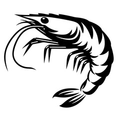 Monochrome depiction of a stylized shrimp or prawn with bold outlines
