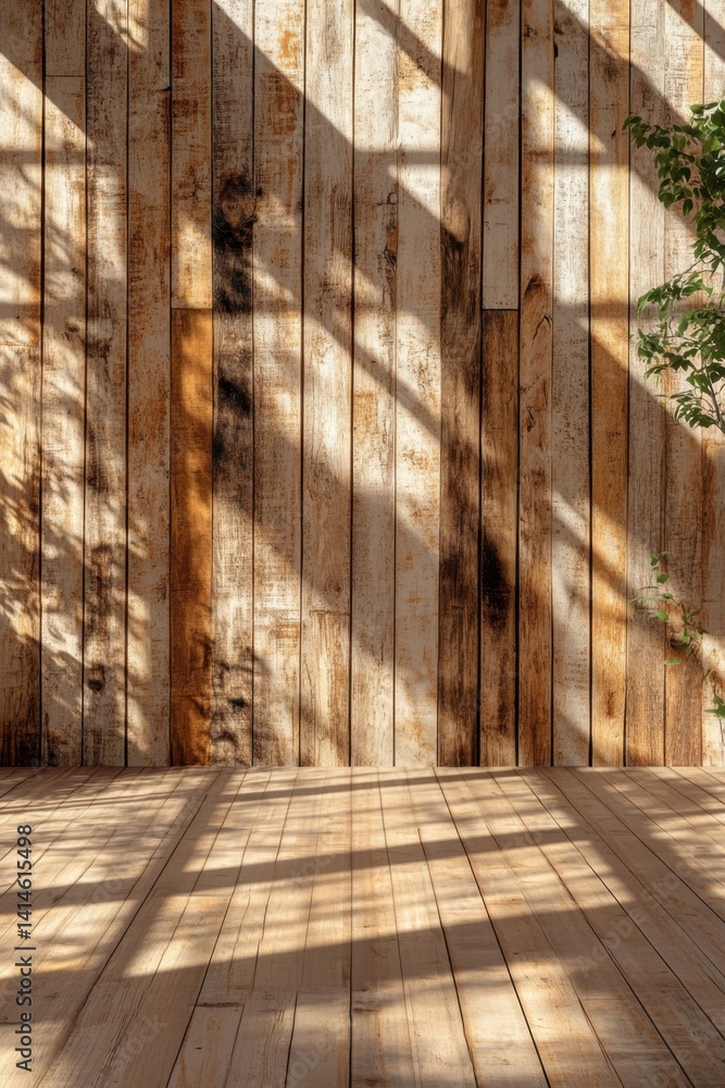 Poster rustic wooden wall and floor bathed in soft sunlight with leaf shadows creating a warm and inviting 