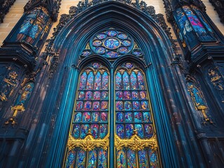 Obraz premium Gothic Cathedral Stained Glass Window Vibrant Colors Architecture Detail