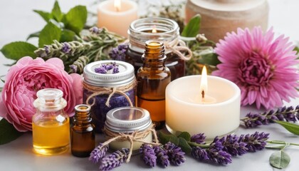 A beautiful arrangement of essential oils, candles, and fresh flowers, perfect for promoting relaxation and wellness in aromatherapy settings.