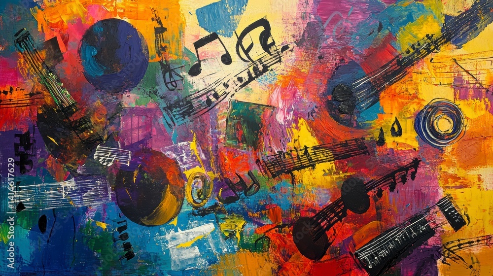Poster abstract colorful painting of musical instruments and notes.