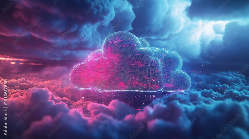 Poster cloud computing and database system shot in the dark illuminated with neon blue and pink lights