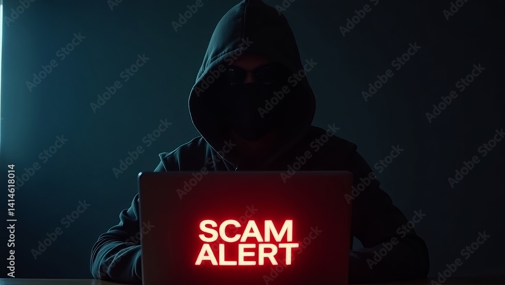 Poster a mysterious figure in a dark hoodie and mask, illuminated by a computer screen displaying 'scam ale